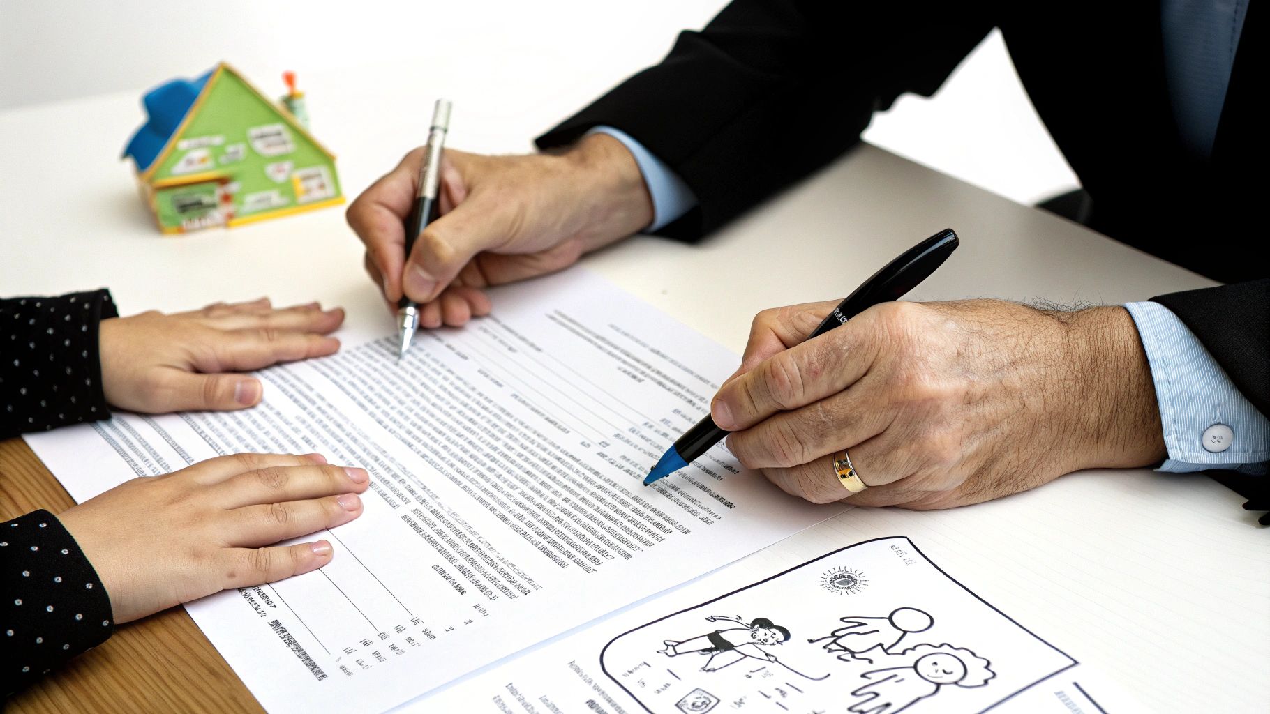 זוג חותם על מסמכים משפטיים בנוכחות עורך דין, דגם בית צעצוע ורישומי ילדים על השולחן
