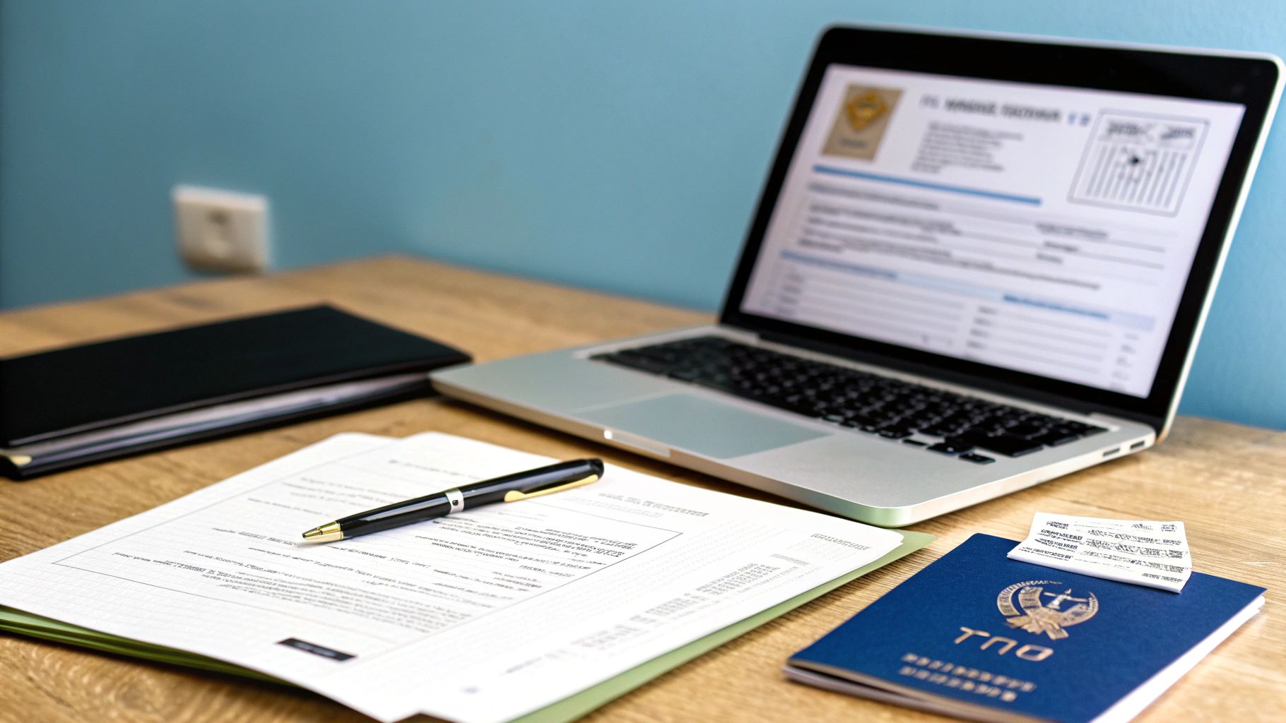 שולחן עבודה עם מחשב נייד המציג טפסים, מסמכים, עט ותיקייה כחולה, המרמז על עבודה משרדית או הליכים משפטיים.