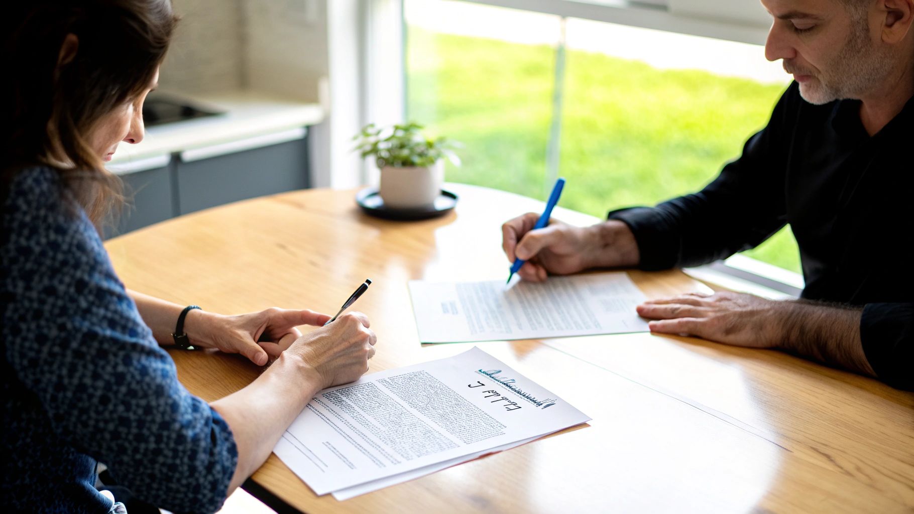 גבר ואישה יושבים ליד שולחן עץ וחותמים על מסמכים עם עטים כחול ושחור, על רקע חלון ירוק.