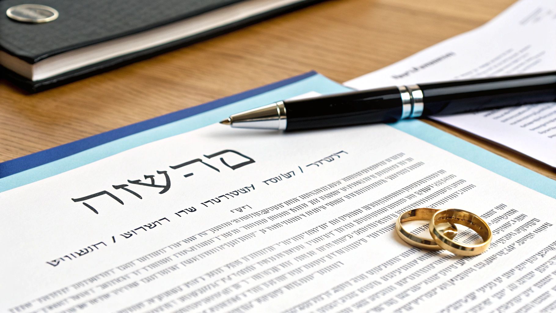 מסמך נישואין או הסכם ממון עם טבעות ועט על שולחן עץ.