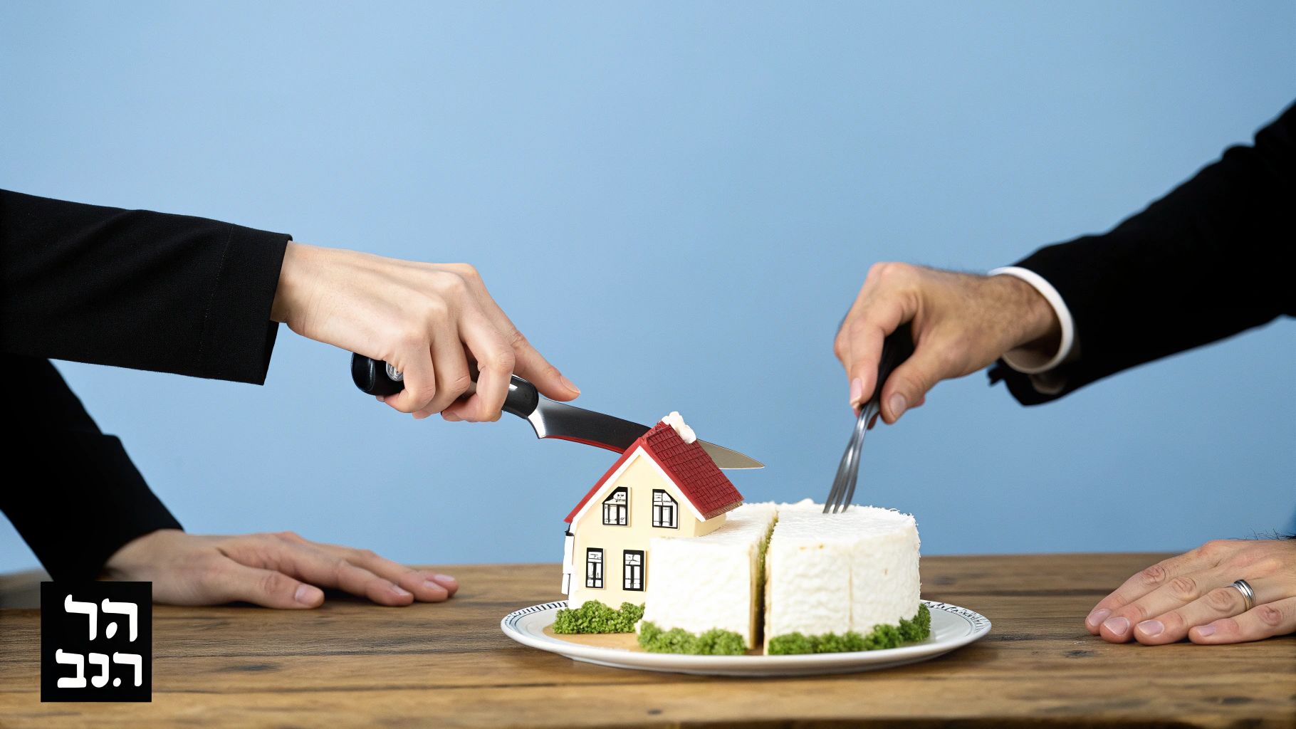 מספר אנשים לוחצים ידיים סביב שולחן עם מסמכים ודגם של בית, המסמל הסכמה לפירוק שיתוף