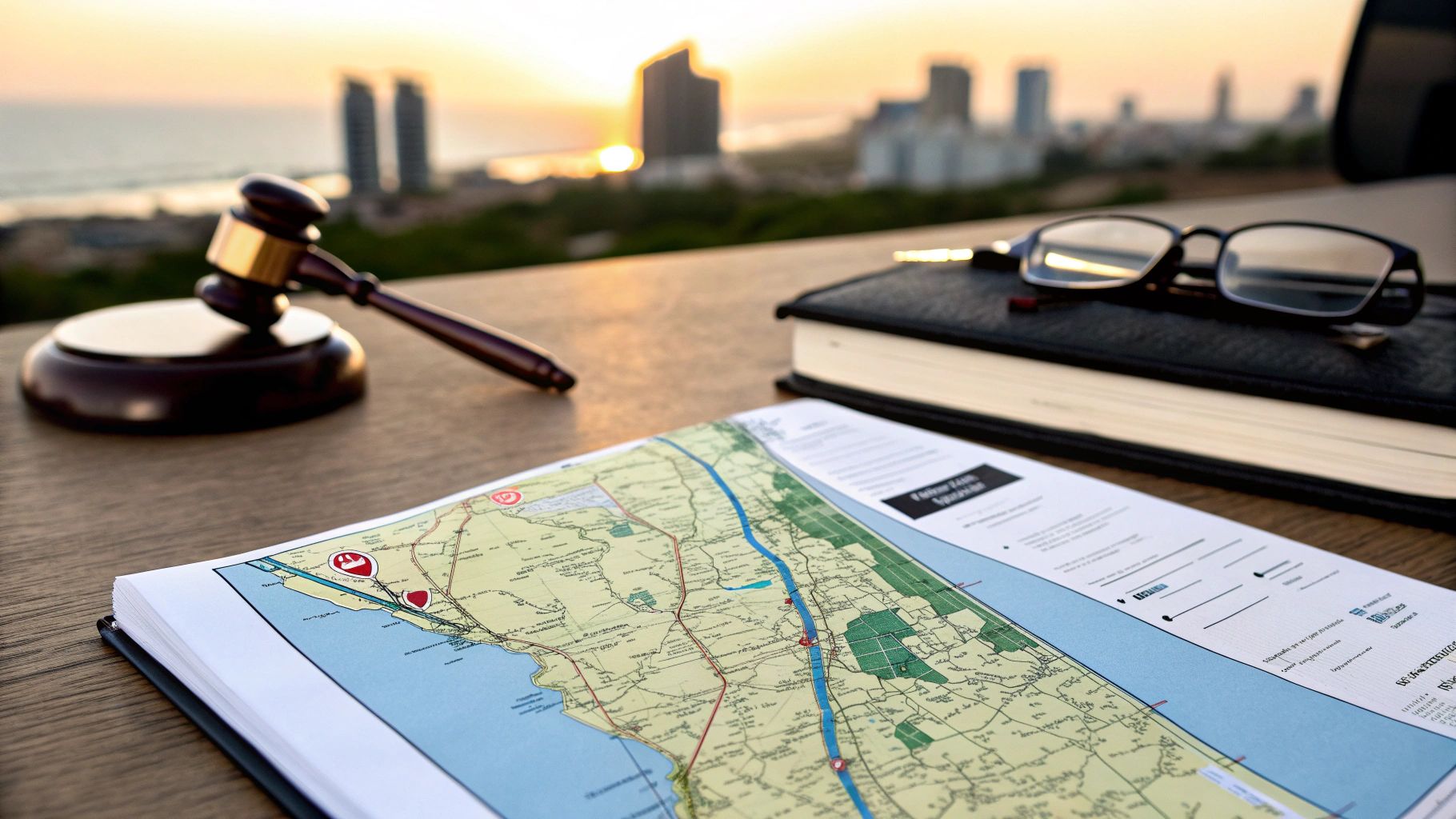 שולחן עבודה עם פטיש שופטים, ספר, משקפיים ומפה, על רקע שקיעה וקו רקיע עירוני.