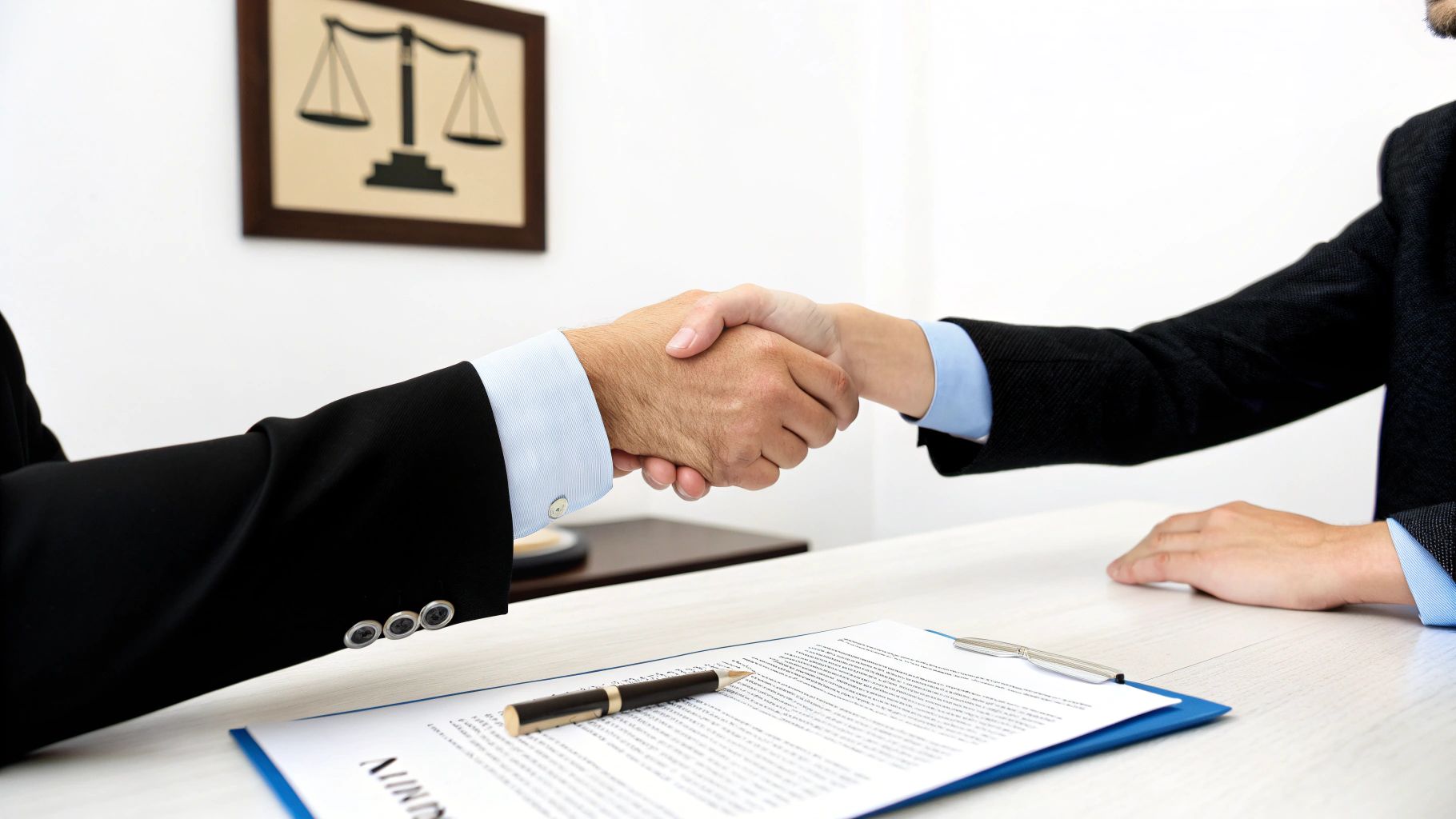הסכם עסקי או משפטי: שני עורכי דין לוחצים ידיים ליד מסמכים עם תמונת מאזני צדק.