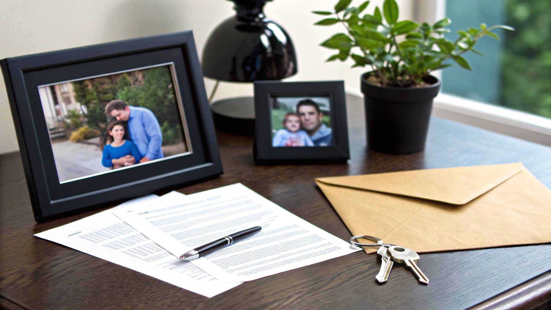 שולחן עבודה עם מסמכים, עט, מעטפה ומפתחות, מוקף בתמונות משפחה ועציץ ירוק.