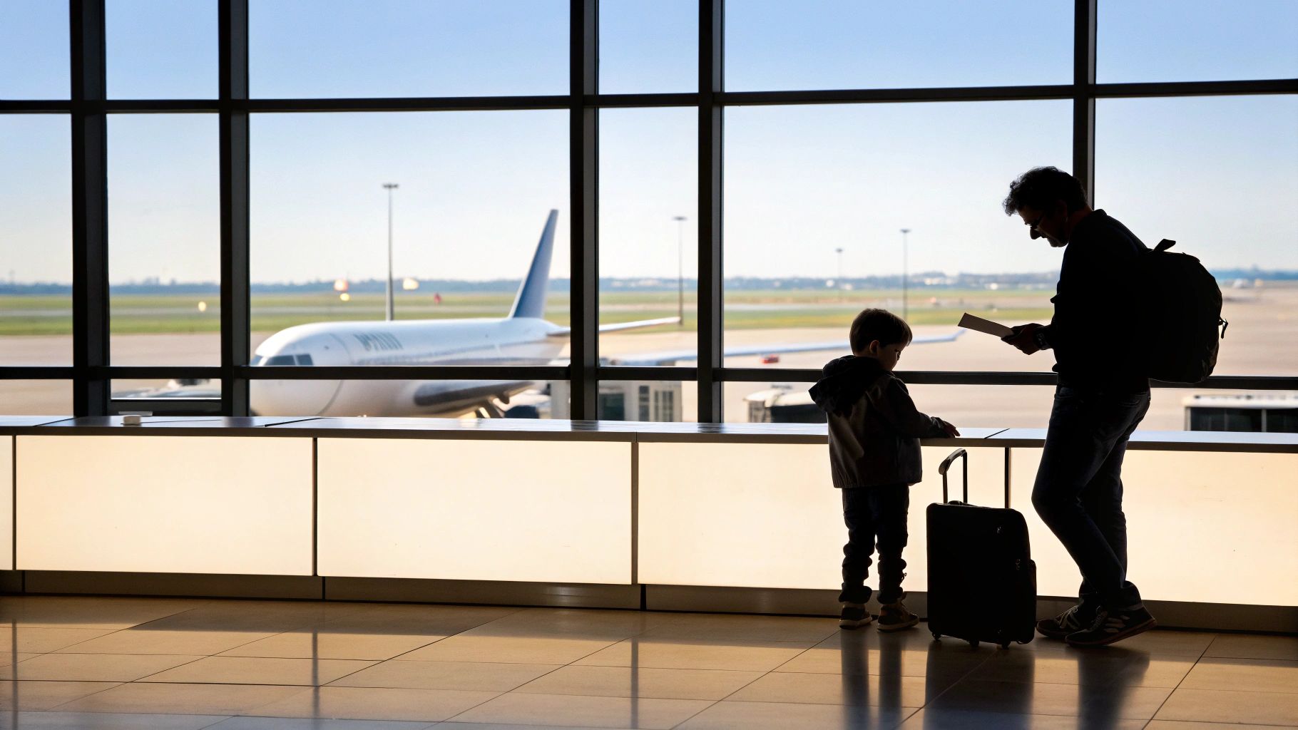 אב ובן קטן עומדים בשדה תעופה מול חלון ענק עם מטוס ברקע, ממתינים לטיסה.