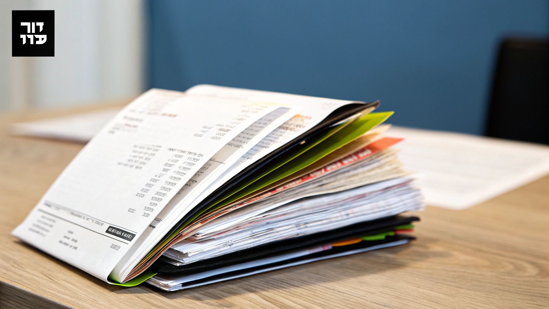 ערימת מסמכים וקבלות לצד מחשבון וצעצוע של ילד, ממחיש את הצורך בארגון ודיוק באיסוף נתונים