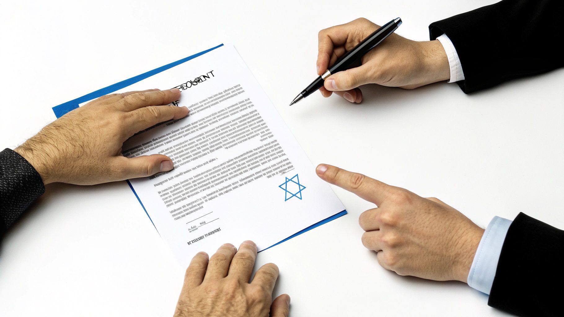 שתי ידיים על מסמך לבן, אחת חותמת בעט והשנייה מצביעה על הסכם עם מגן דוד כחול.