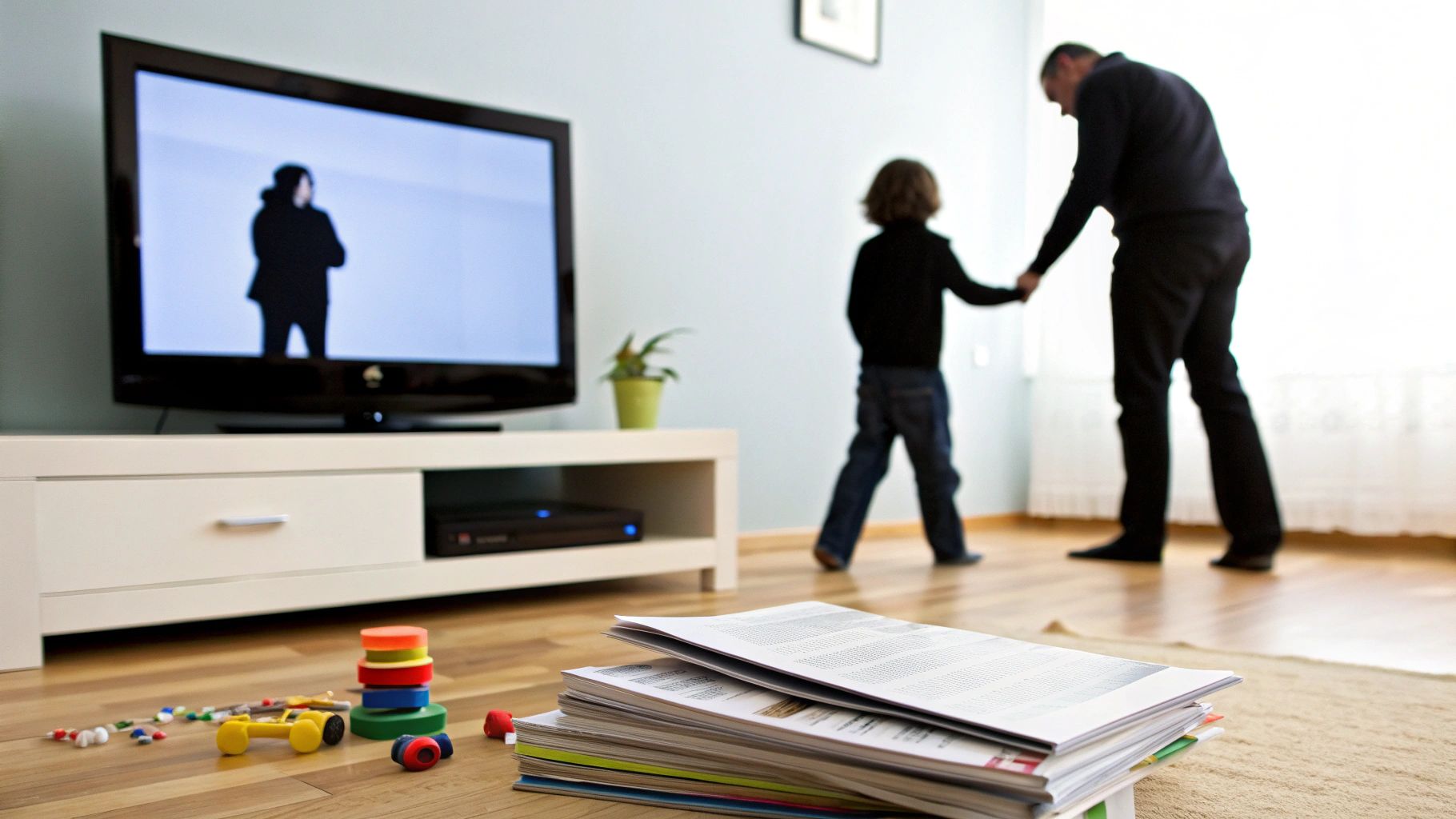 חדר מגורים עם טלוויזיה דולקת, צעצועים ומגזינים, ואבא וילד מחזיקים ידיים ברקע מטושטש.