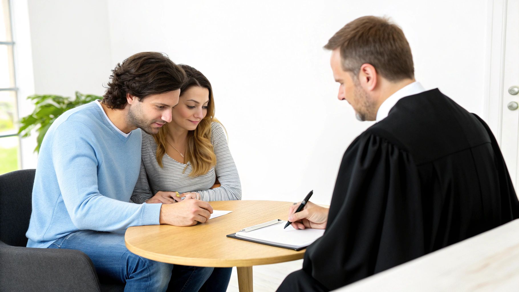 זוג חותם על הסכם רשמי בנוכחות עורך דין המייעץ להם בנושאי משפחה.