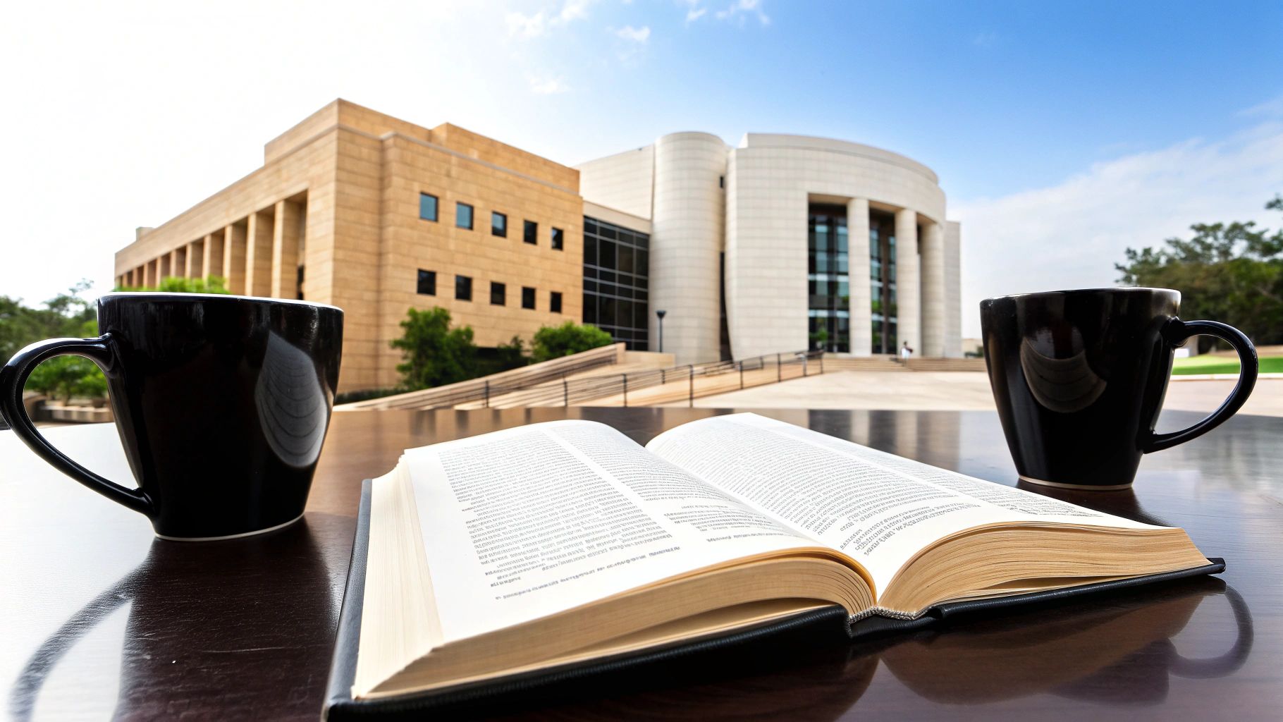 ספר פתוח ושני ספלי קפה שחורים על שולחן, עם מבנים מודרניים ברקע ושמיים כחולים.