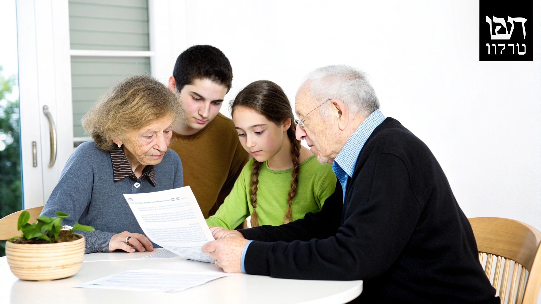 סבא, סבתא ונכדיהם קוראים מסמכים משפטיים סביב שולחן לבן בבית.