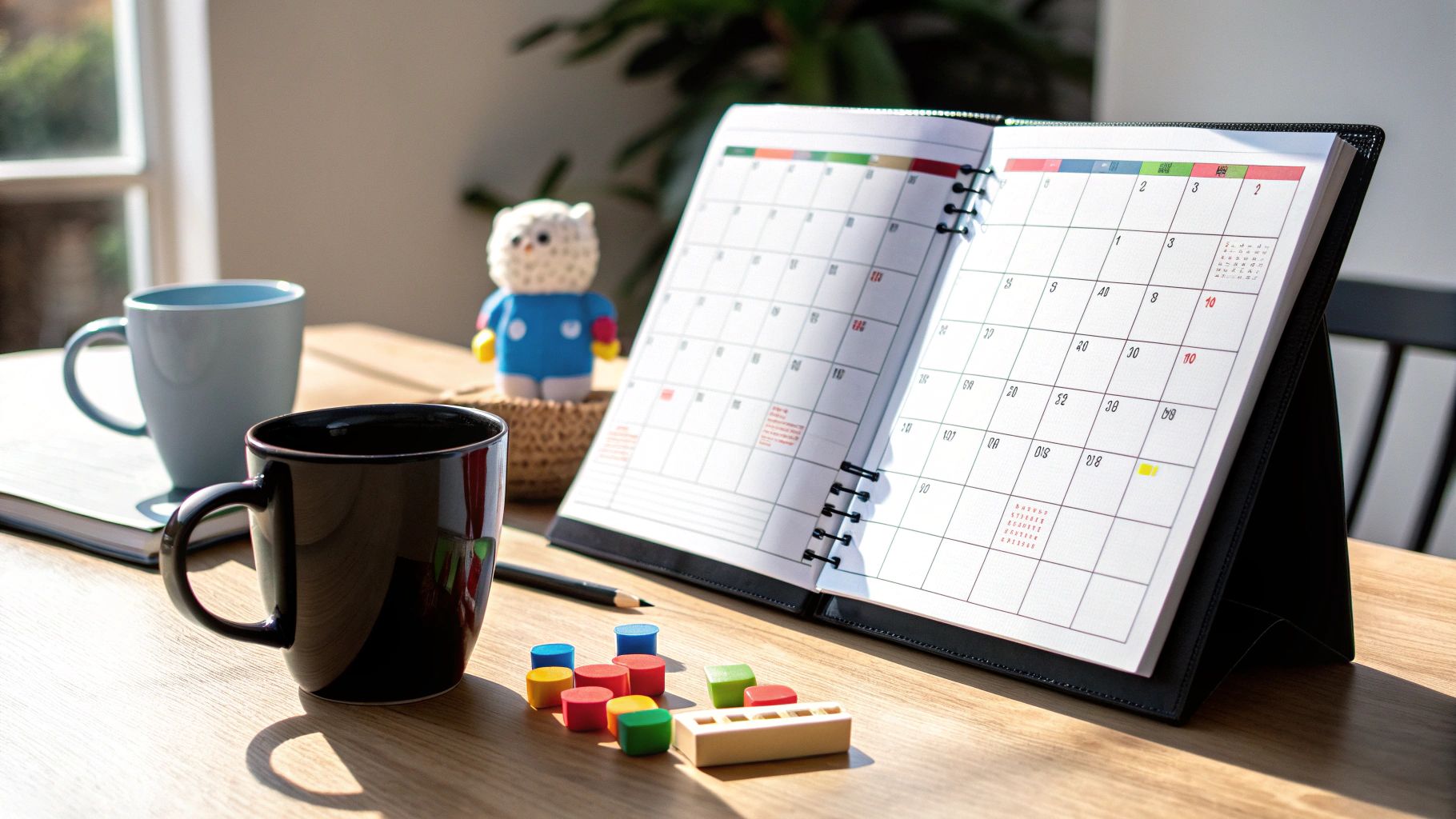 שולחן עבודה מואר בשמש עם לוח שנה פתוח, ספלים, עיפרון וקוביות צבעוניות.