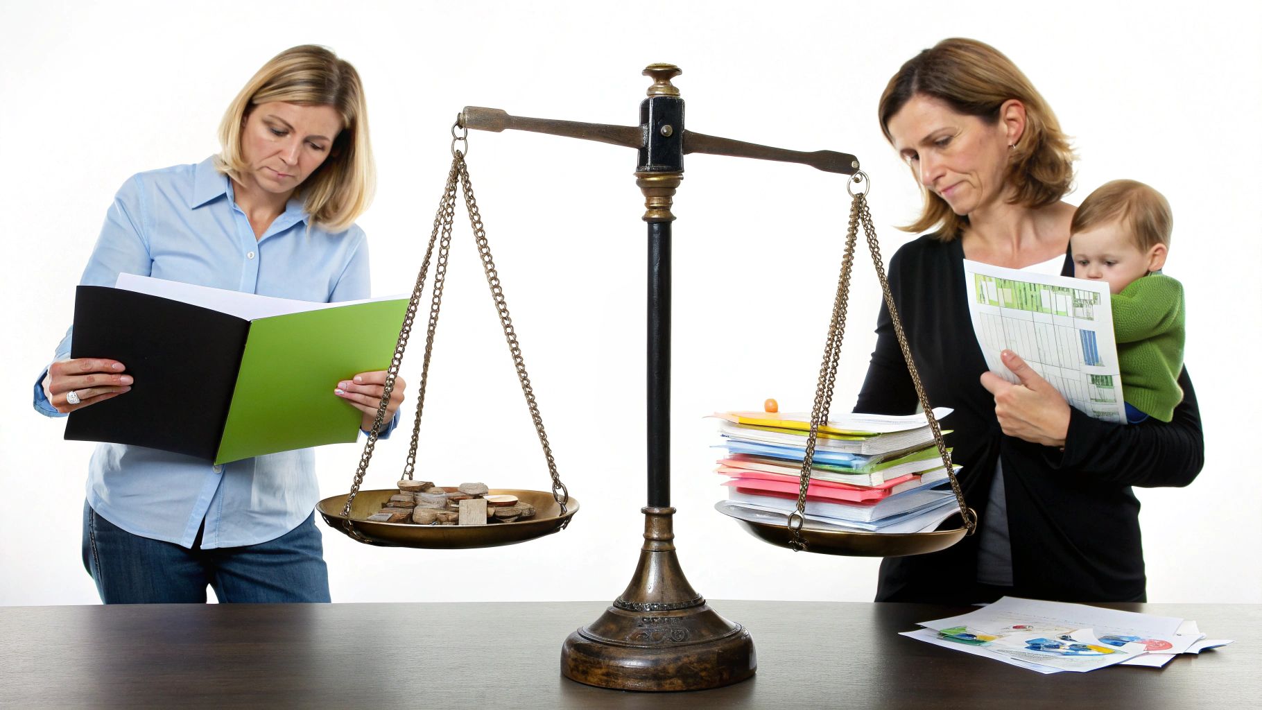 שתי נשים מאזנות בין צרכים כלכליים וקריירה לבין גידול ילדים על מאזניים, המסמלים את אתגרי האיזון.