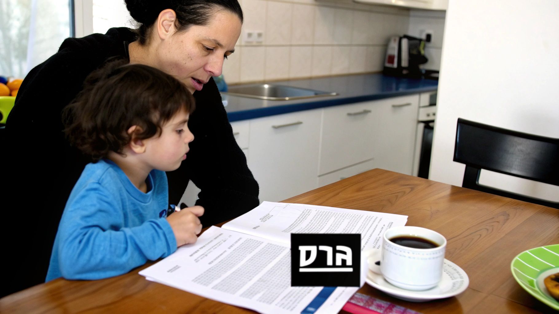 אמא וילד יושבים יחד ליד שולחן, מתבוננים במסמכים בביתם.