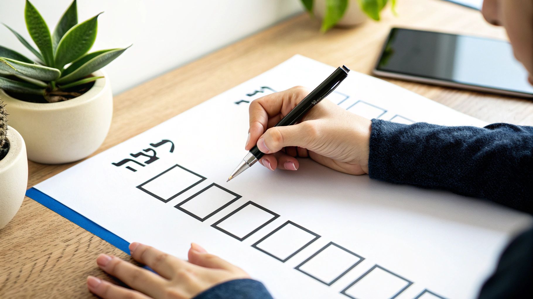 יד כותבת בעט על מסמך צוואה עם תיבות סימון, על שולחן עץ מואר.