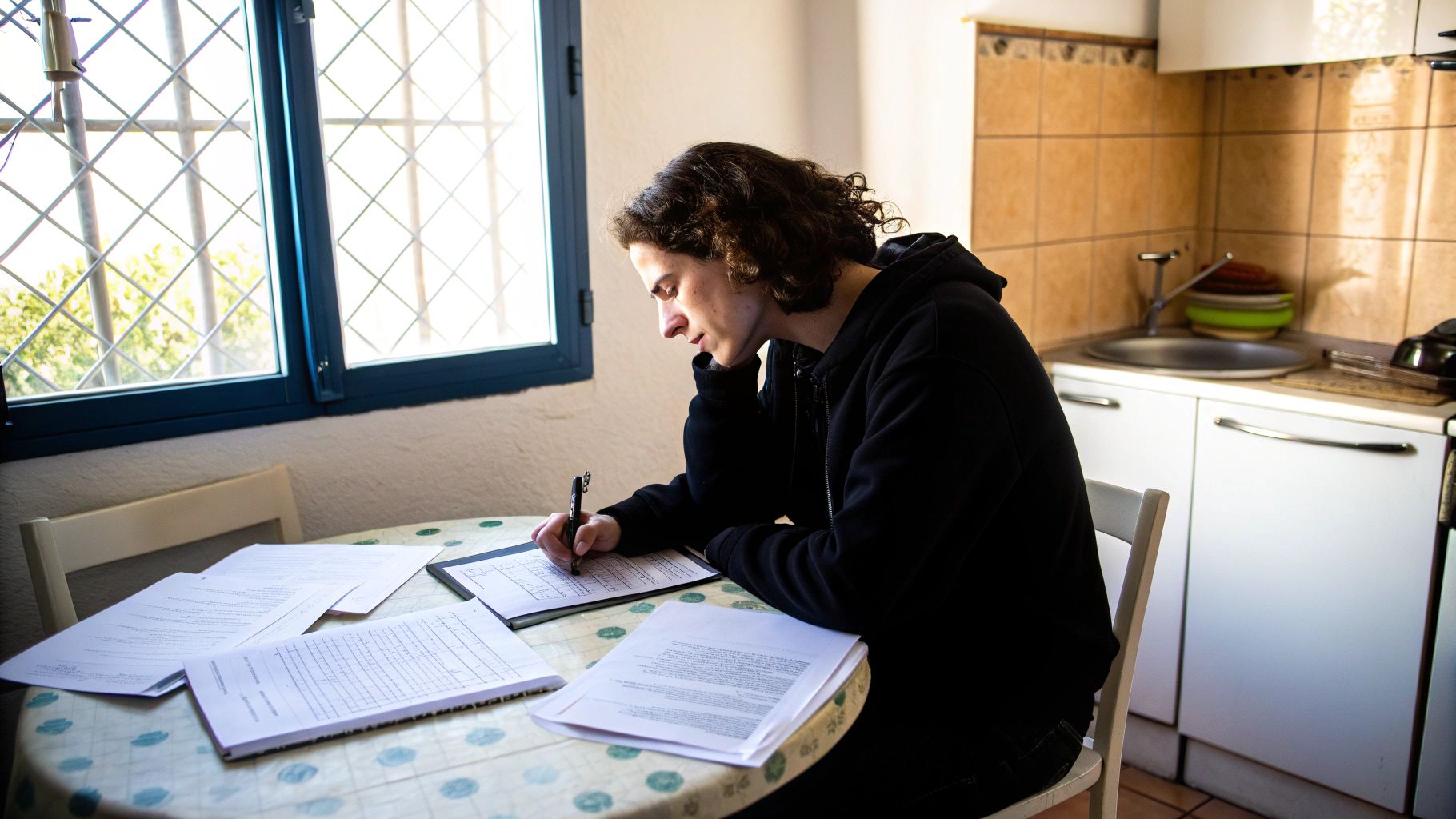 אדם צעיר יושב ליד שולחן עגול, כותב במסמכים עם עט, מרוכז במטלות ליד חלון מואר.