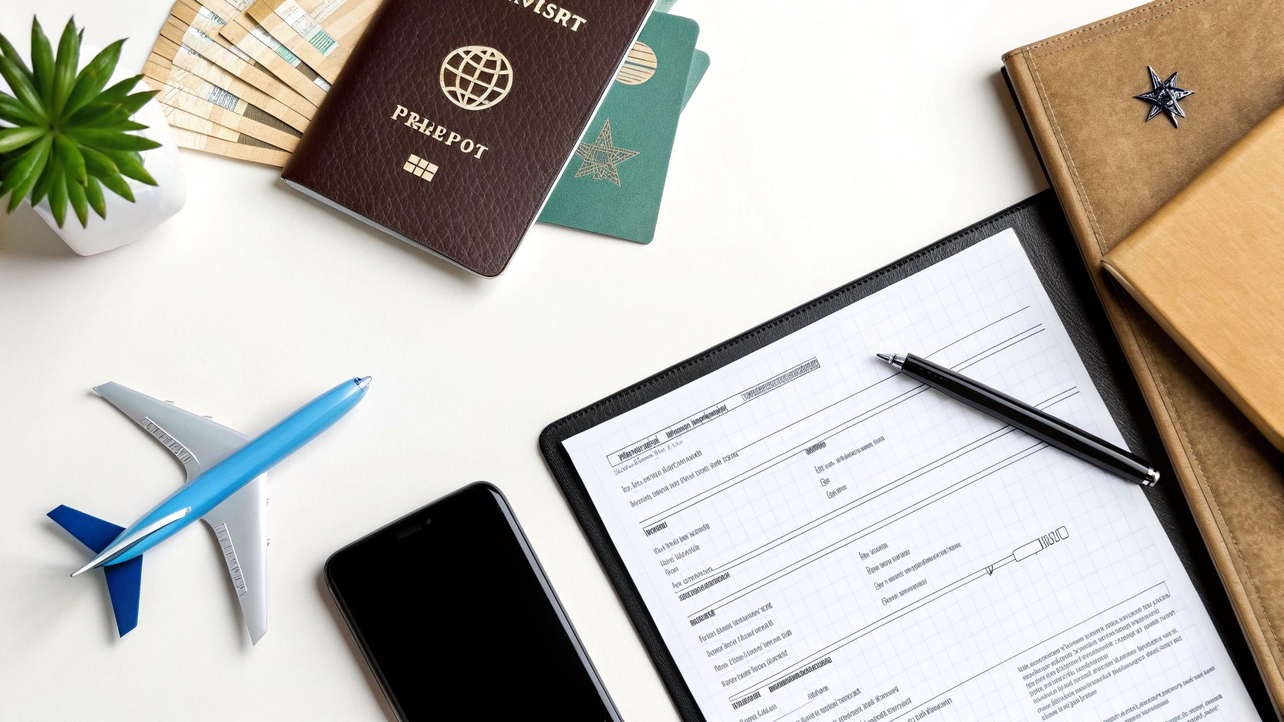 פריטי נסיעה מונחים על שולחן לבן: דרכונים, כסף, טופס, עט, טלפון נייד ומטוס צעצוע.
