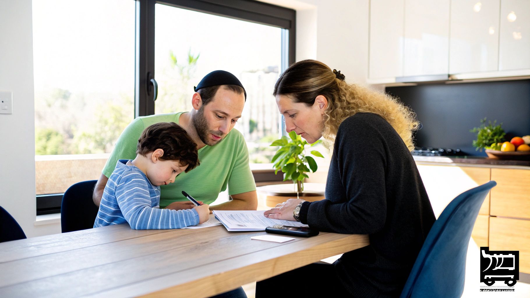 משפחה יושבת סביב שולחן: אב ואם עוזרים לילדם הקטן ללמוד ולכתוב, מול חלון מואר.