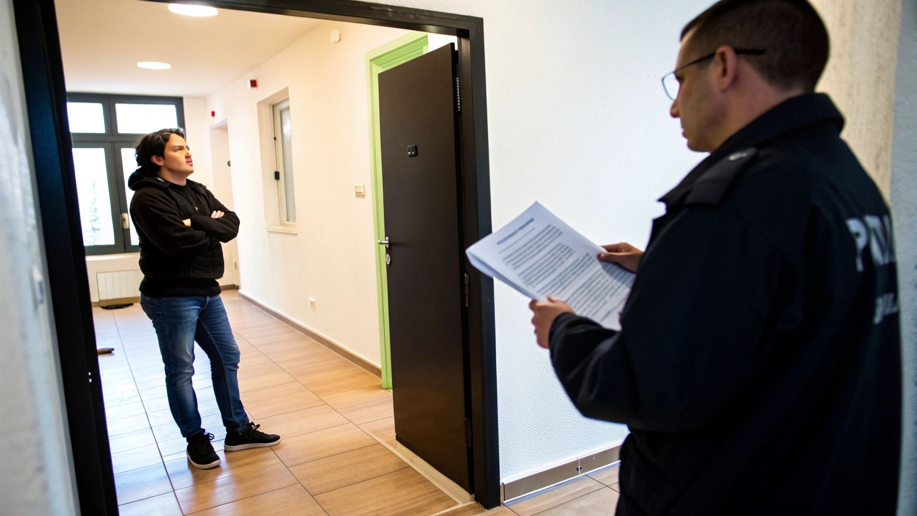 נראה אדם במעיל קפוצ'ון שחור עומד במסדרון מול דלת פתוחה, וקצין משטרה קורא מסמכים.