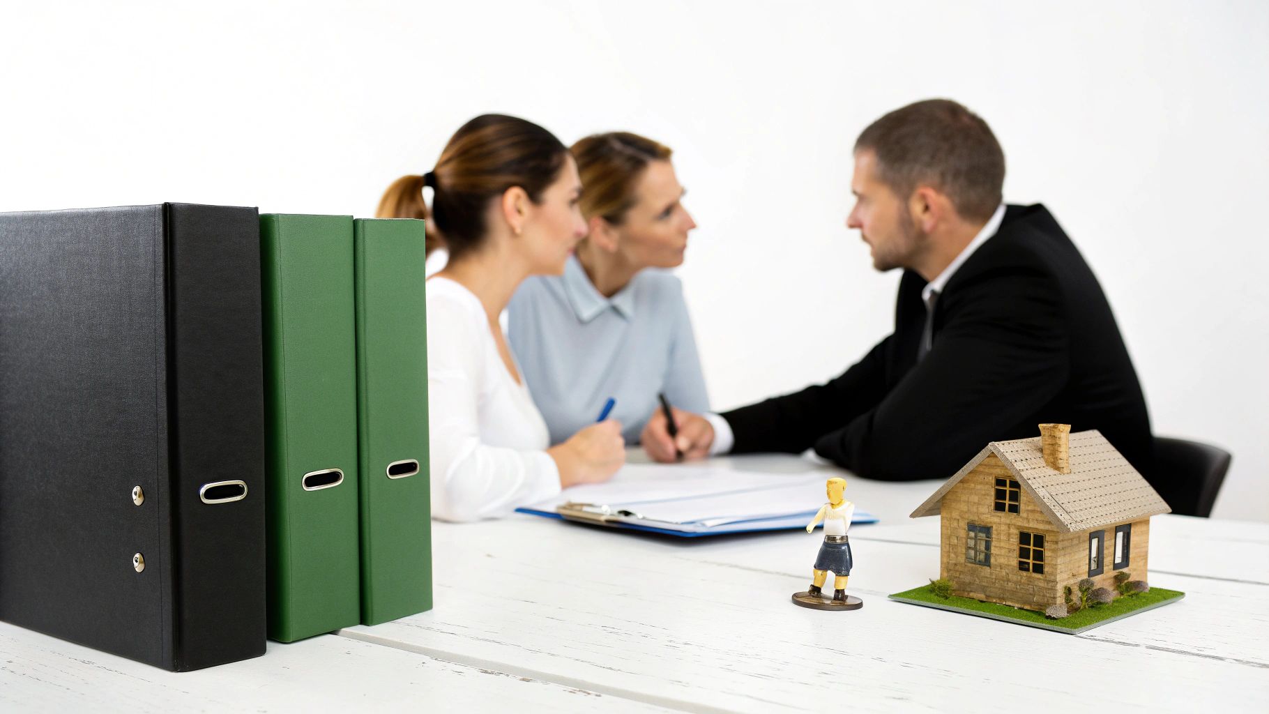 זוג יושב מול עורך דין וחותם על מסמכים