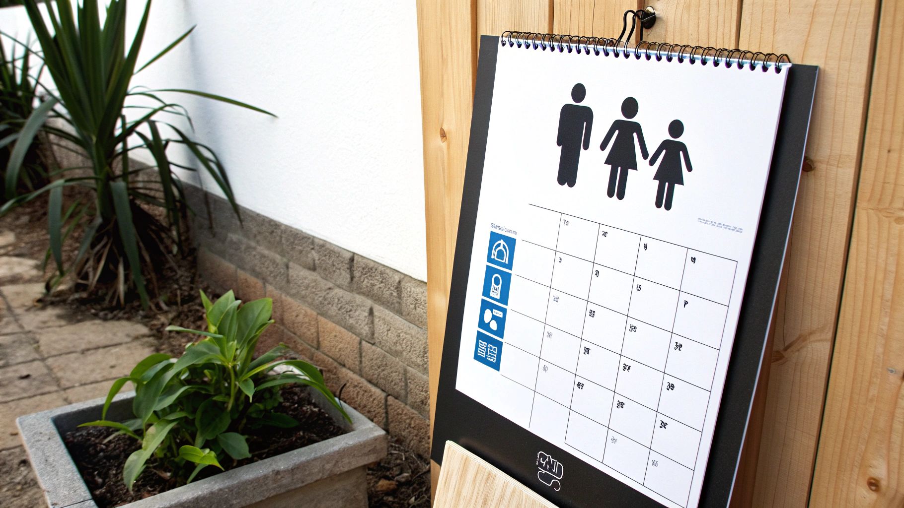 לוח שנה תלוי על קיר עץ עם איורים של משפחה, מציג לוח זמנים להסדרי ראיה והורות משותפת.