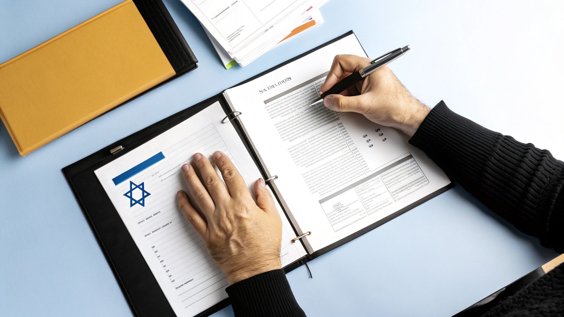 ידיים בוחנות מסמכים משפטיים עם מגן דוד על שולחן עבודה, תיקיה וטפסים רשמיים לתהליך גירושין ברבנות