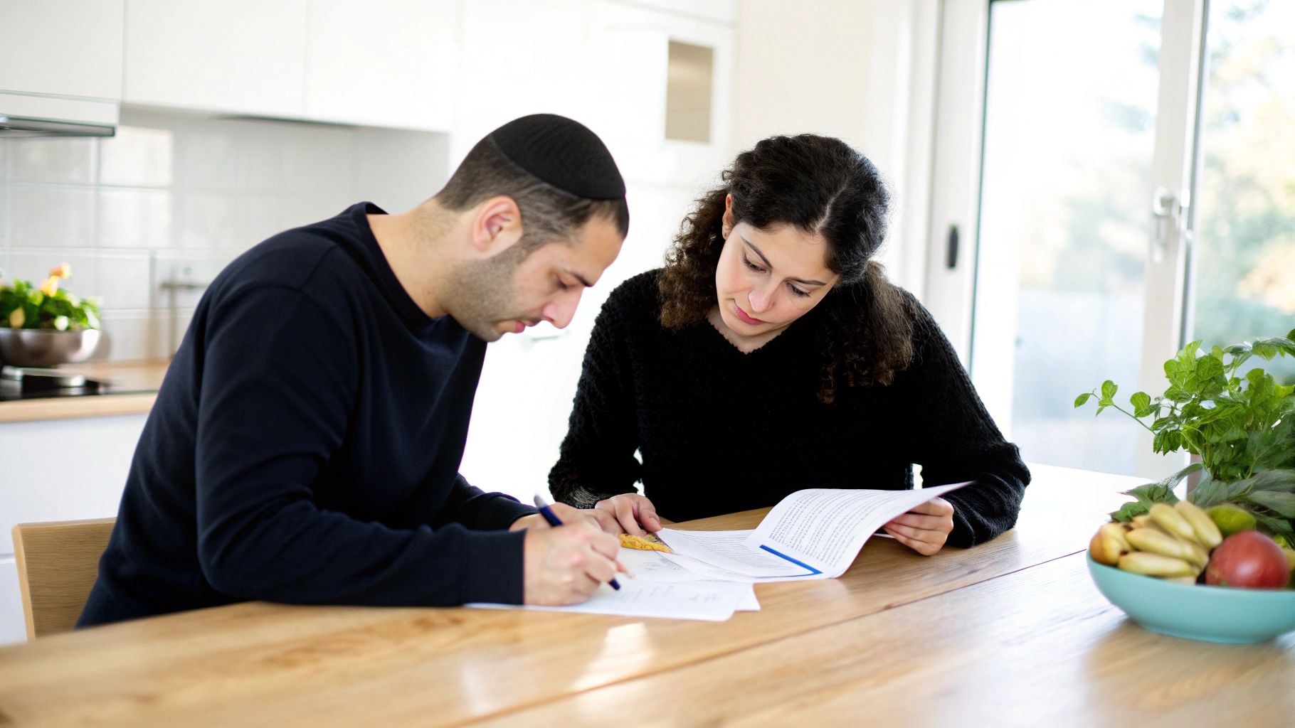 זוג מחזיק ידיים בעת חתימה על מסמכים משפטיים
