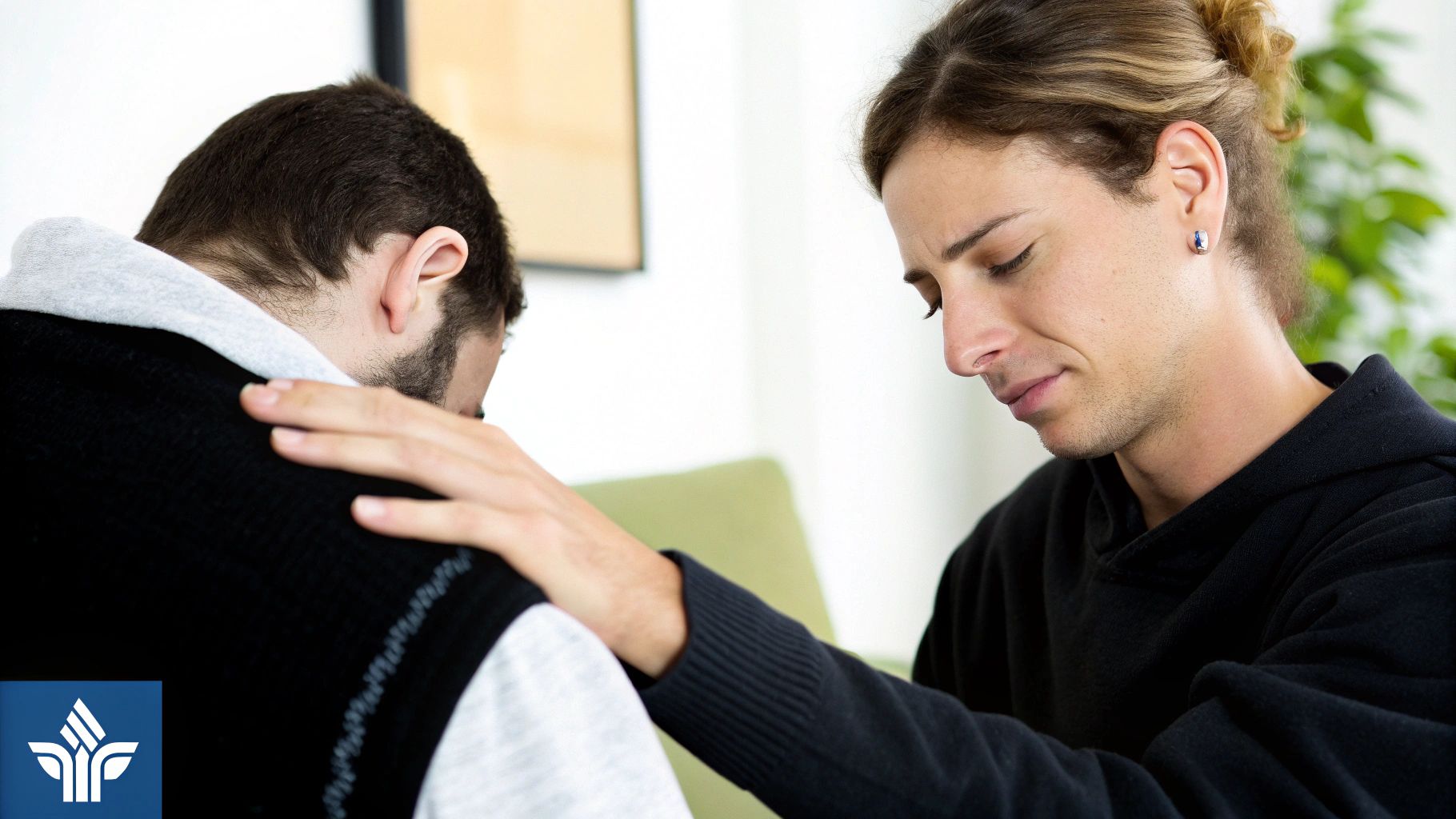 אדם אחד מנחם אדם אחר על ידי הנחת יד על כתפו, ברגע של תמיכה רגשית.