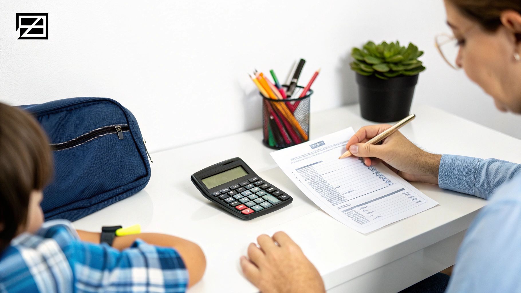 שני הורים יושבים ליד שולחן עם מחשבון וניירות, מתכננים את העתיד הכלכלי של ילדיהם