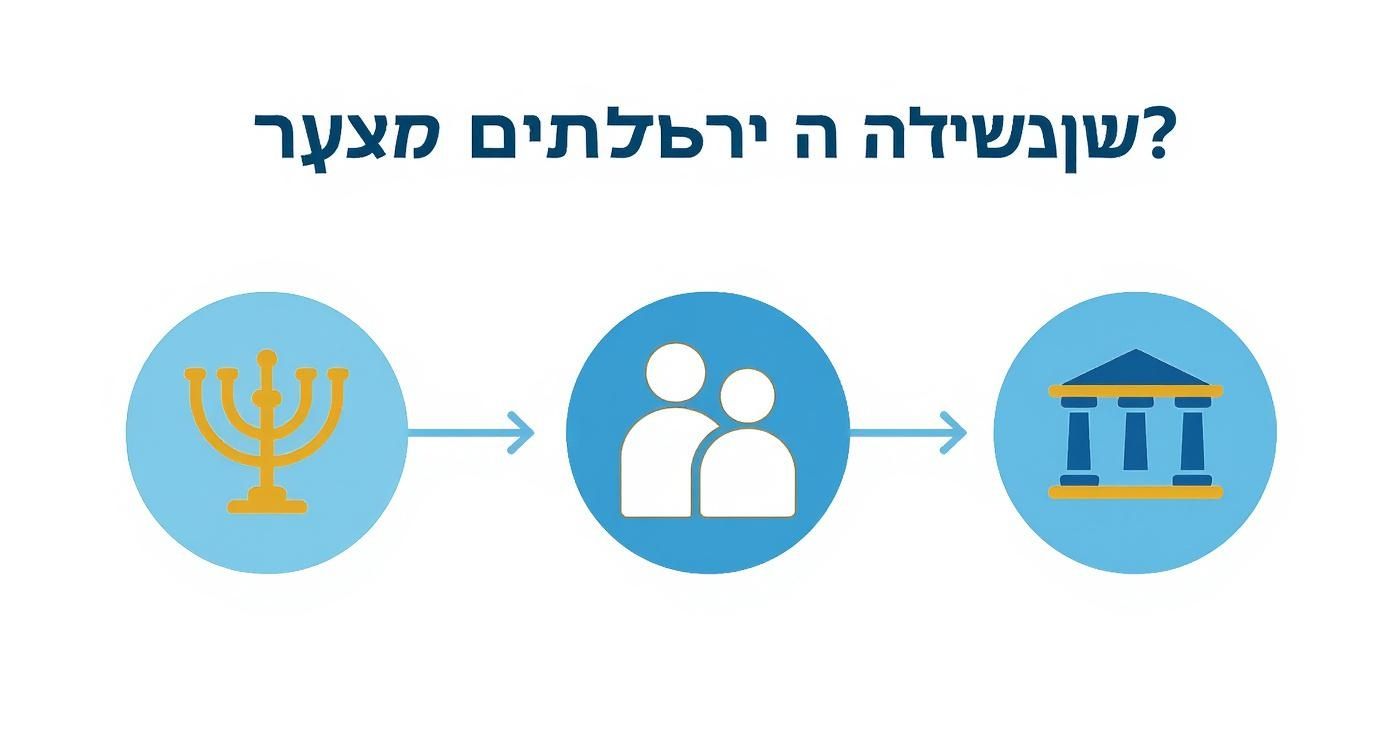 אינפוגרפיקה המציגה תהליך הכולל סמל מנורה, זוג אנשים ובניין מוסדי, כנראה בהקשר משפטי.