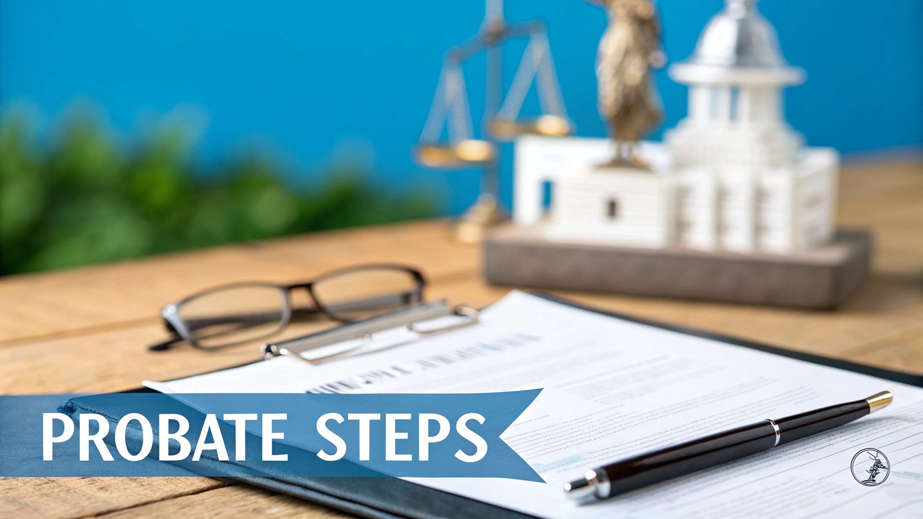 A desk with legal documents, a gavel, and a pen, representing the probate process.