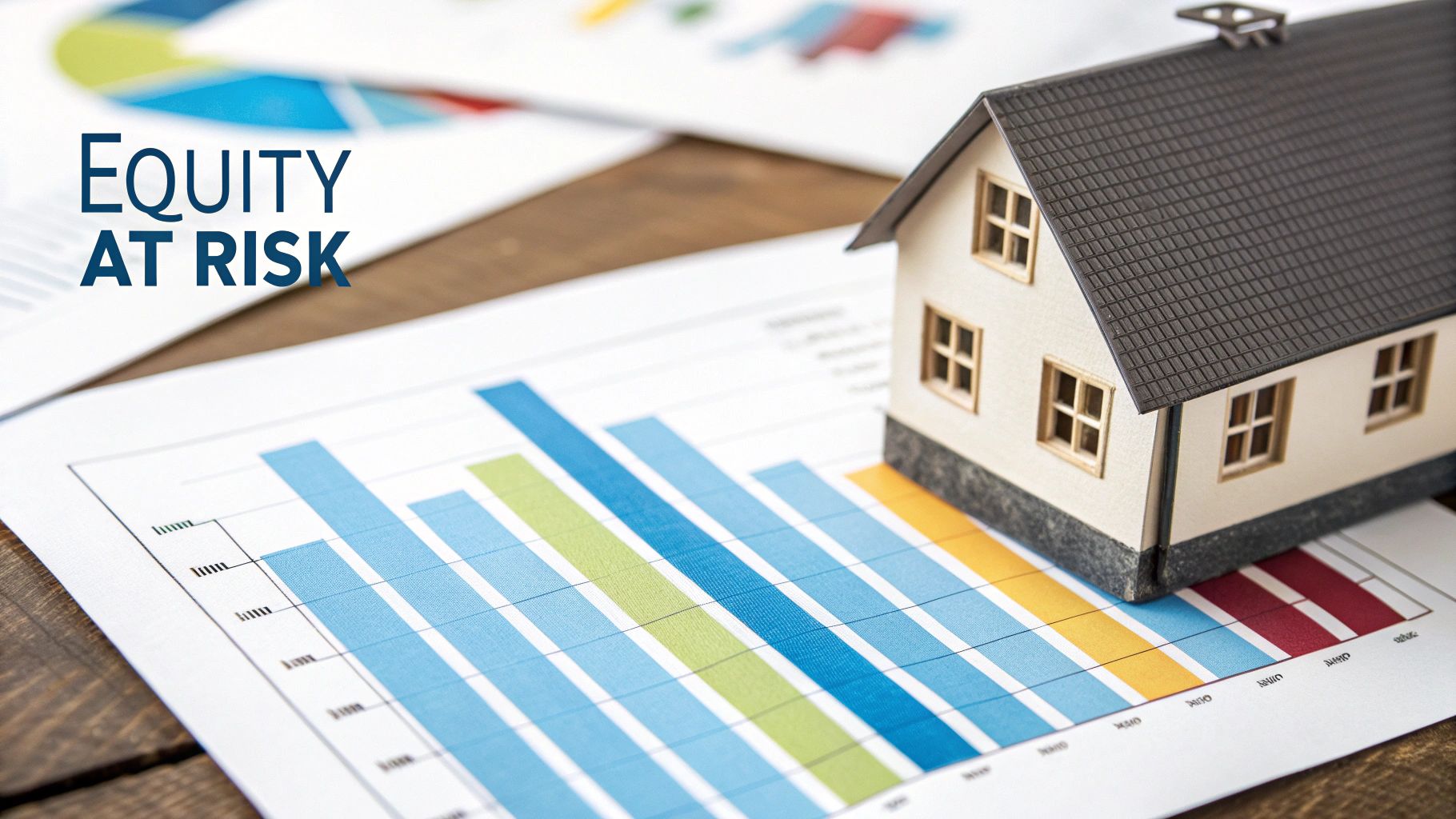 A miniature house model sits on financial bar charts to show equity at risk.