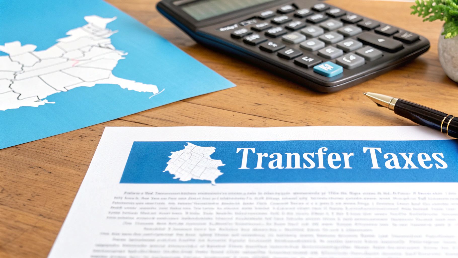 A calculator and pen resting on documents, symbolizing the costs of a deed transfer.