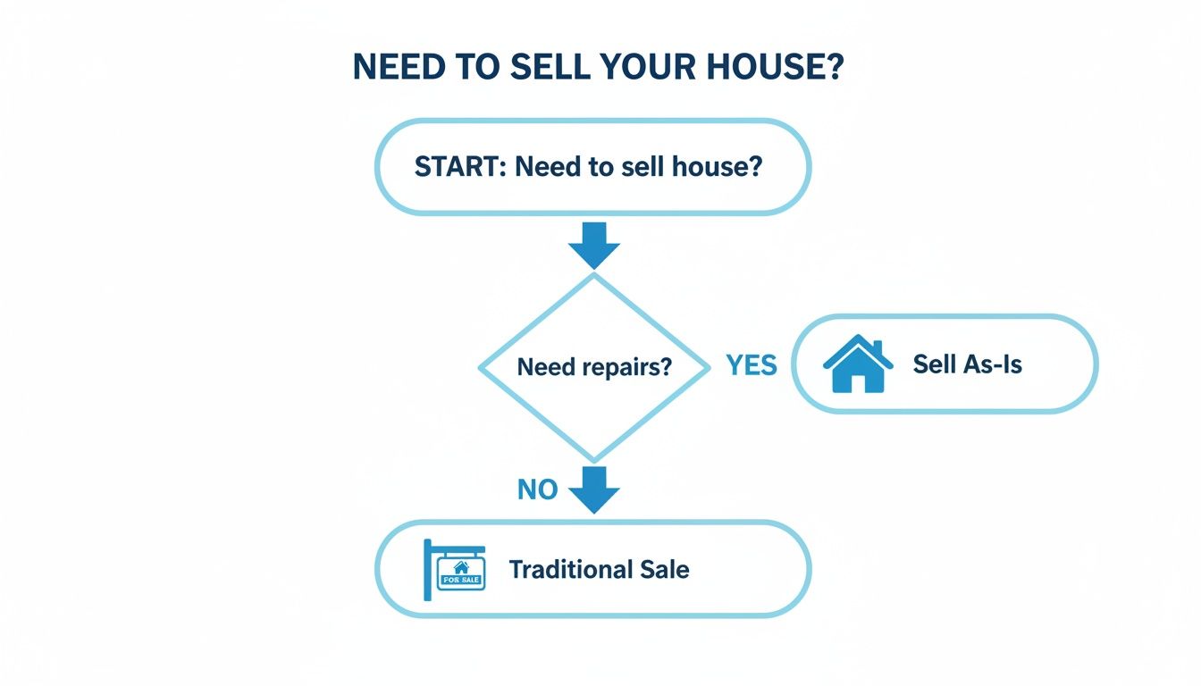 A flowchart guiding house sellers: if repairs are needed, sell as-is; otherwise, pursue a traditional sale.