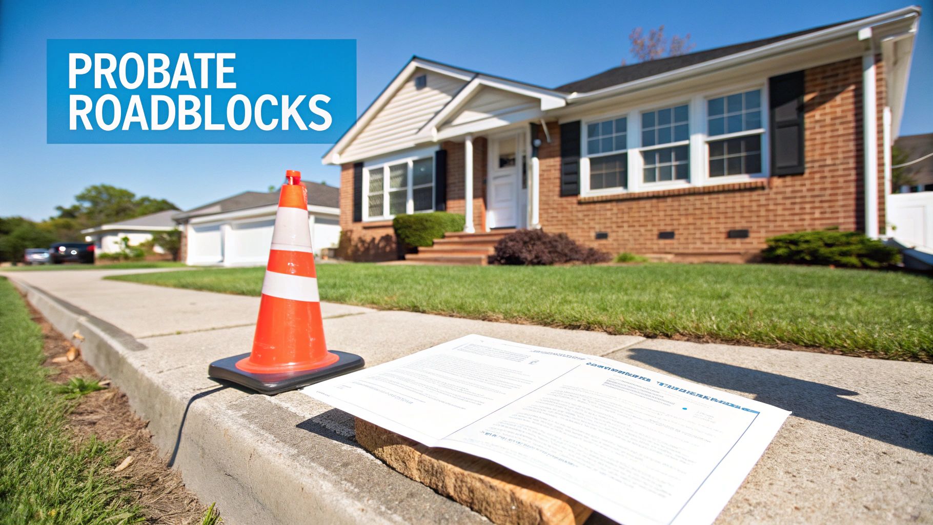 An orange traffic cone and legal documents on a sidewalk to show probate roadblocks.