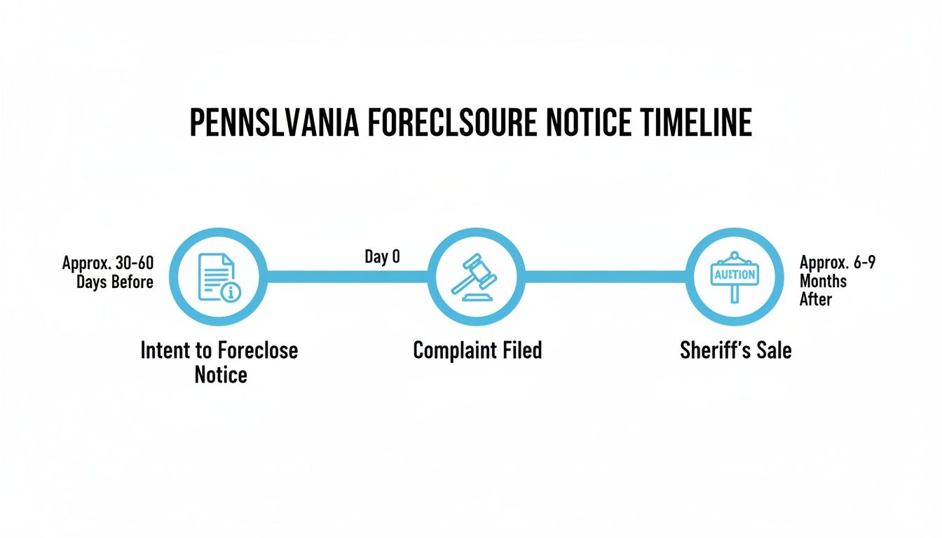 A clear timeline illustrating the Pennsylvania foreclosure notice process, from initial intent to sheriff's sale.