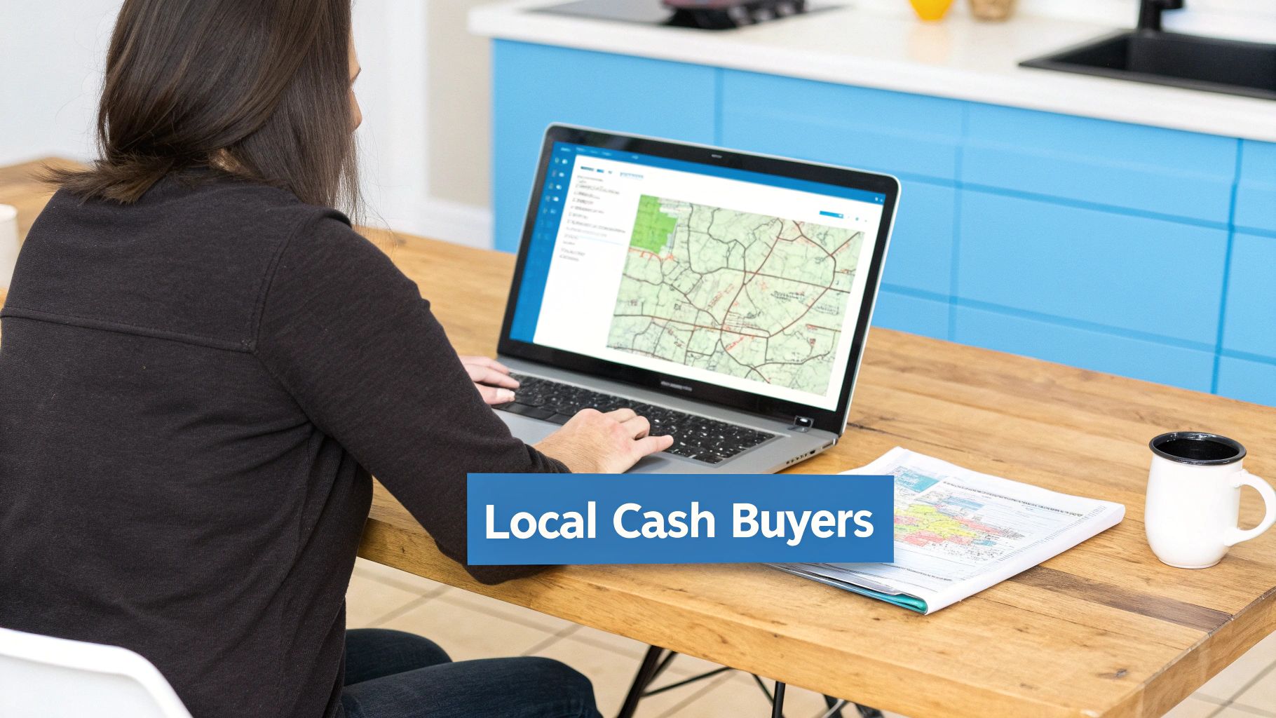 A person sitting at a wooden table using a laptop displaying a map searching for we buy houses of local cash buyers.