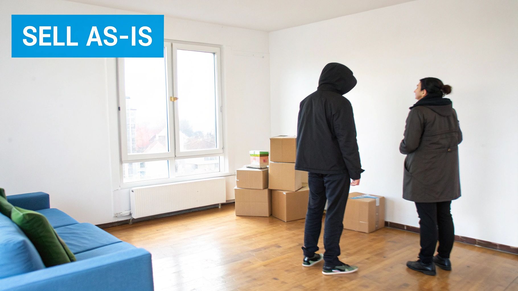 Two people in an empty room with moving boxes, a blue couch to sell as-is.