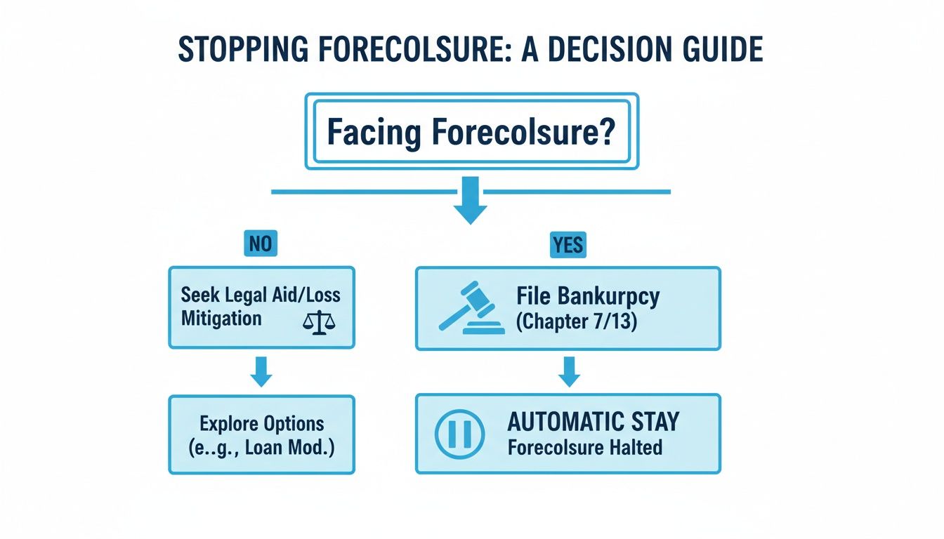 A decision guide flowchart illustrating steps to stop foreclosure, including legal aid, loan modification, and bankruptcy.