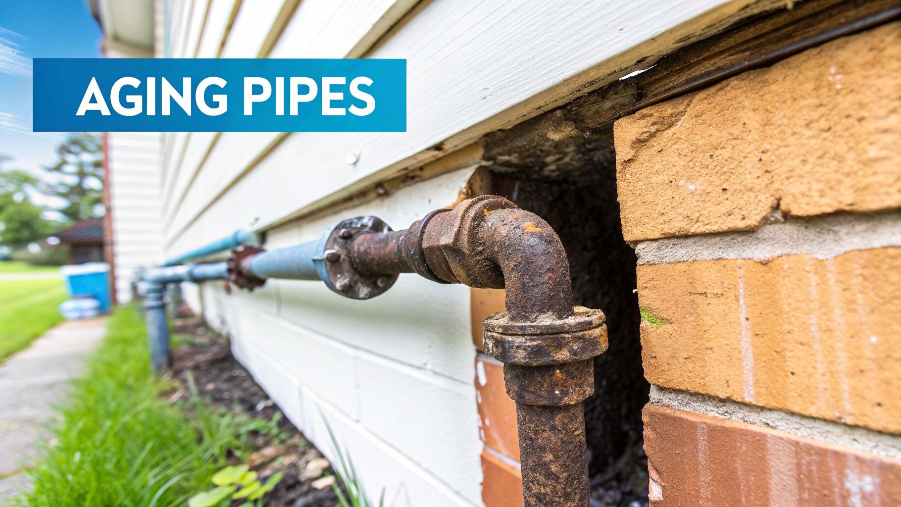 Close-up of severely rusted outdoor plumbing pipes entering a brick house foundation, labeled 'AGING PIPES', a common sight in Pittsburgh plumbing systems.