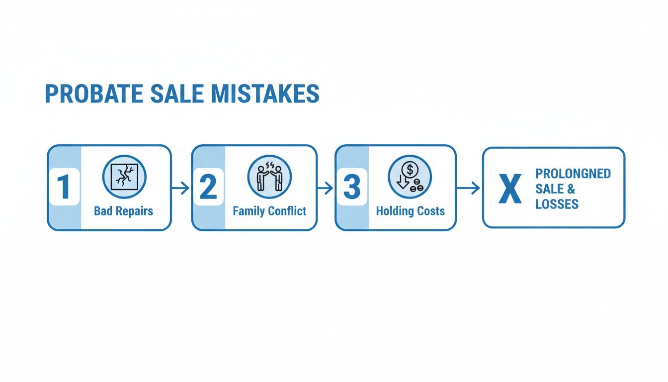 Flowchart showing common mistakes in a probate property sale like bad repairs and holding costs.