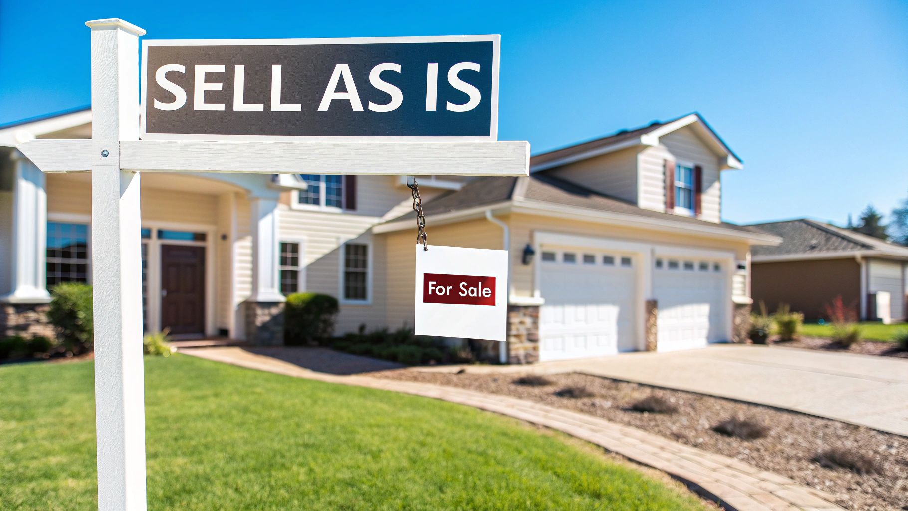 A house with a 'sell as is' sign in front, representing the sale of an inherited property.