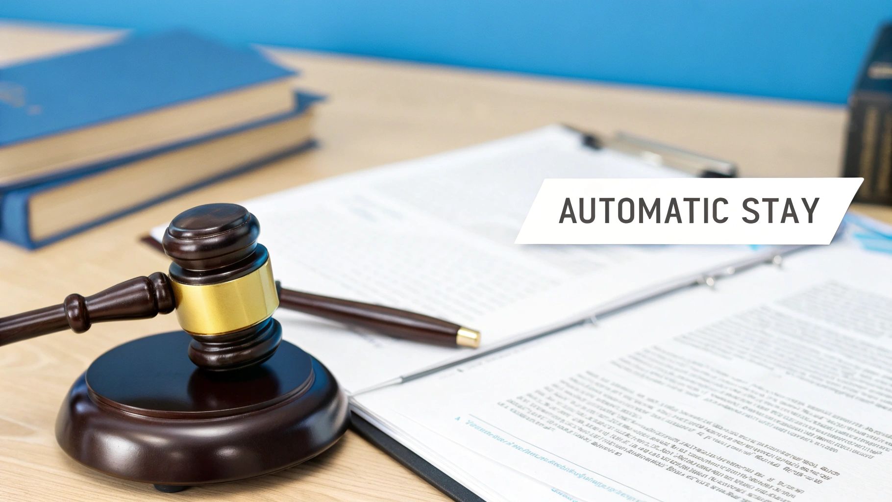 A wooden gavel, legal documents, and law books on a desk, with AUTOMATIC STAY on the picture.