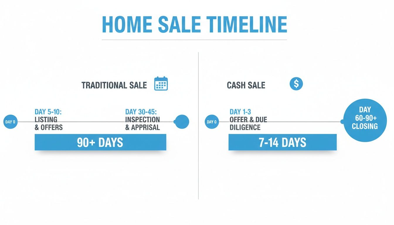 Detailed timeline to illustrate the differences in duration between traditional and cash home sales.