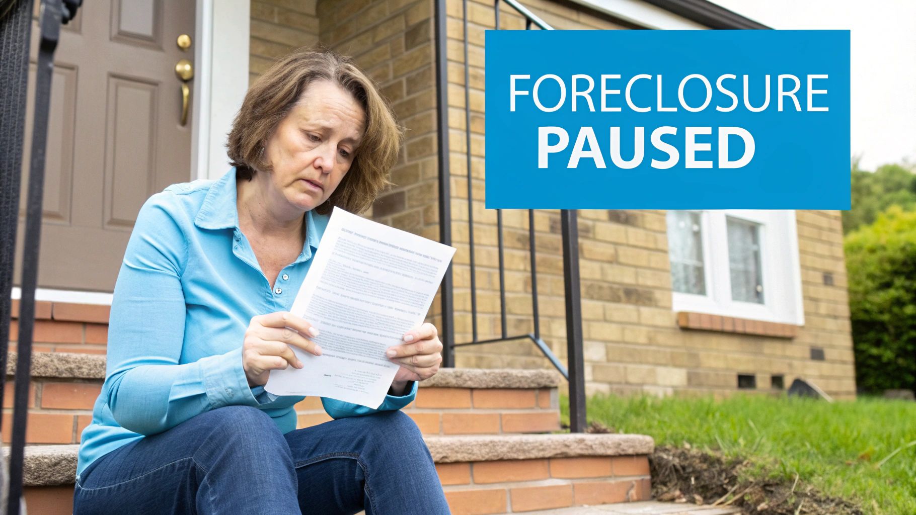A distressed woman sits on house steps, holding a foreclosure document