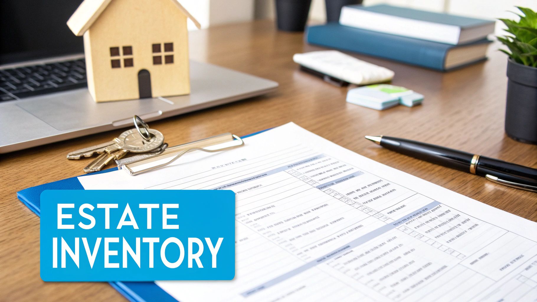 A person sitting at a desk and reviewing documents to create an estate inventory.