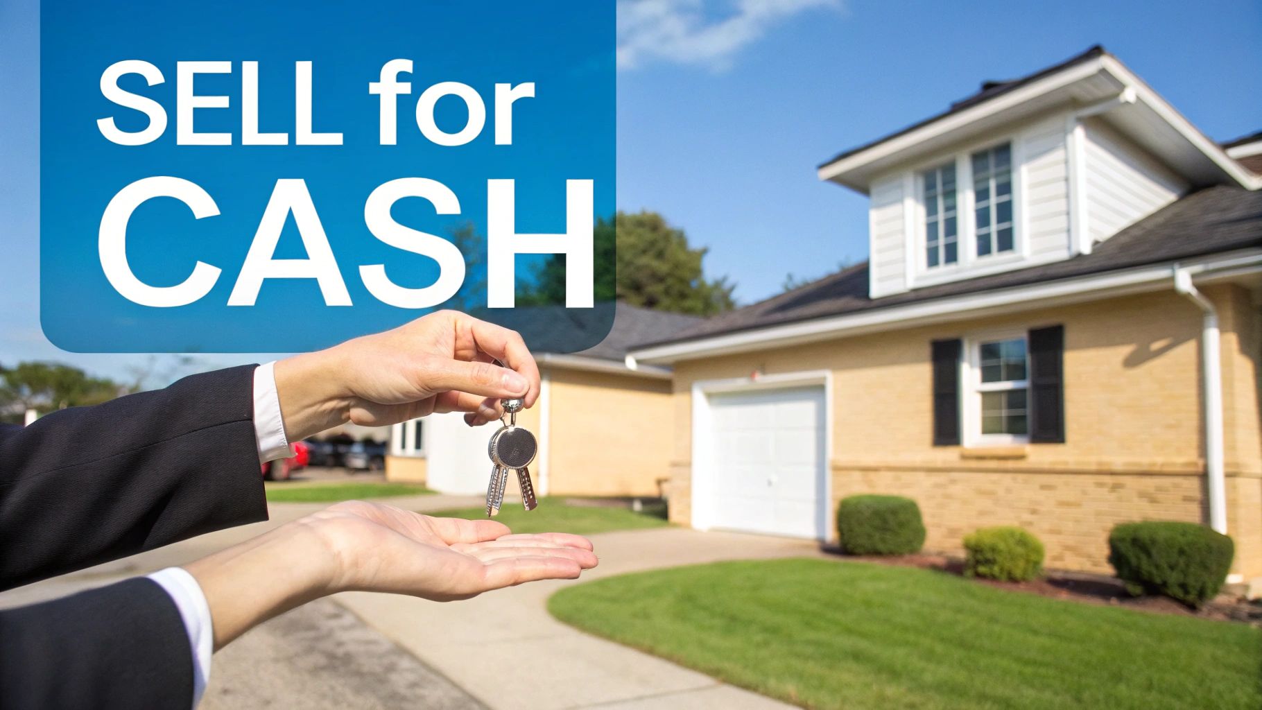 A close-up of hands exchanging house keys in front of a house, with a 'SELL for CASH' sign.