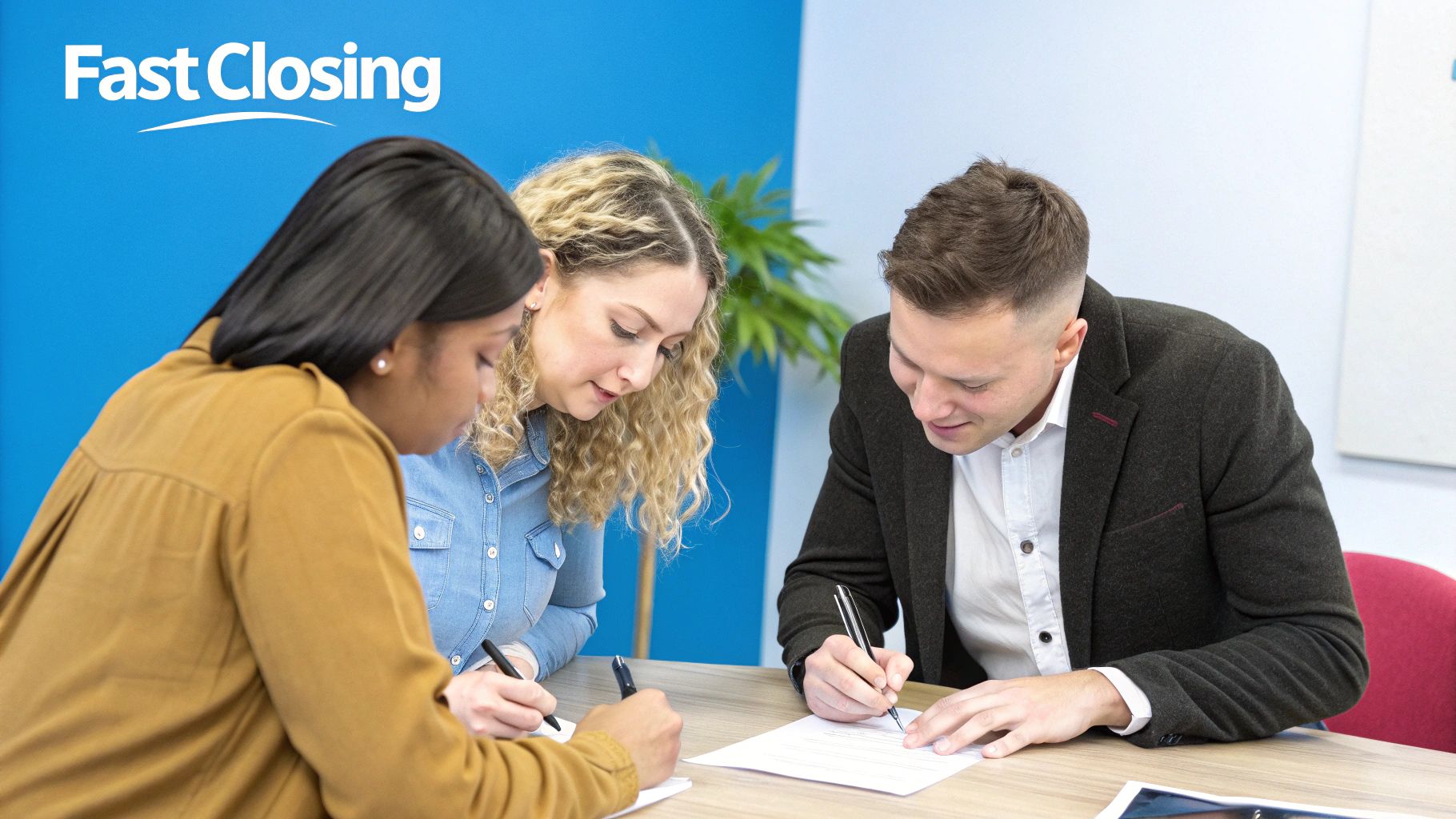Three people signing for a fast closing due to a cash sale.