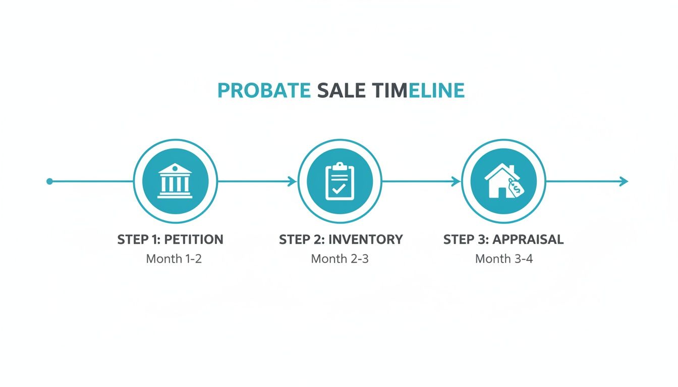 A probate sale timeline flowchart showing three steps: Petition (Month 1-2), Inventory (Month 2-3), and Appraisal (Month 3-4).