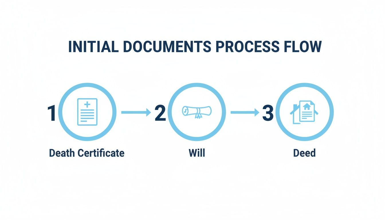 A process flow diagram showing three initial documents: Death Certificate, Will, and Deed, in sequential order.
